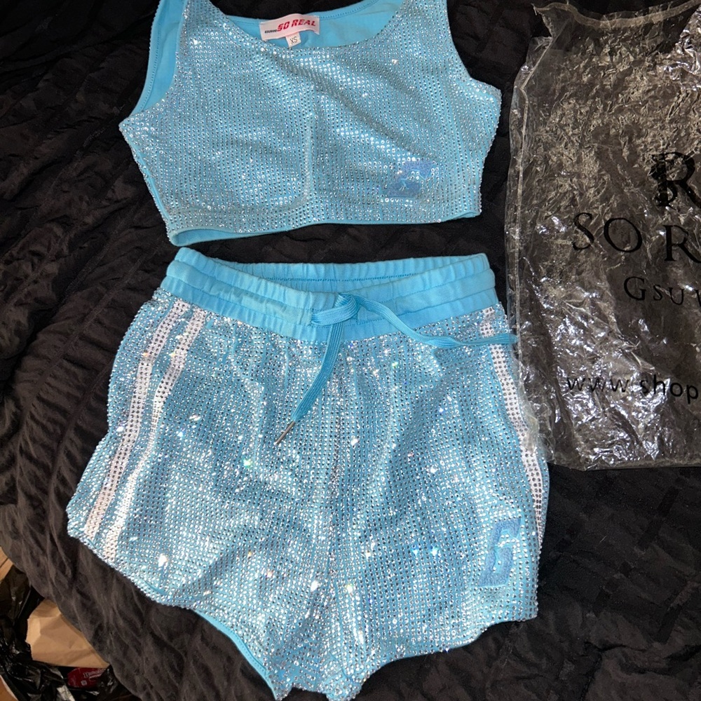 So Real GSUWOO Blue Rhinestone  Women's Short Set